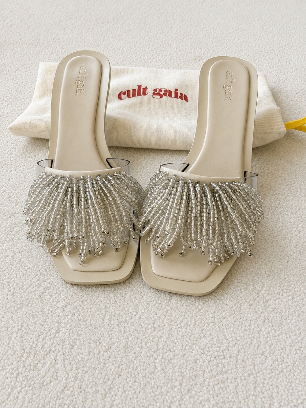 Cult Gaia Uma Fringed PVC Mules White/Silver-Size 37 / US 7